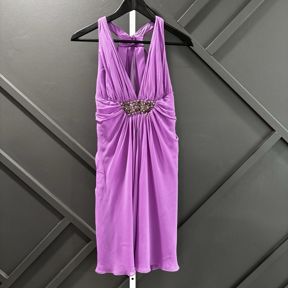 Marc Bouwer Glamit Purple Silk Beaded Halter Cocktail Womens Dress Size 2